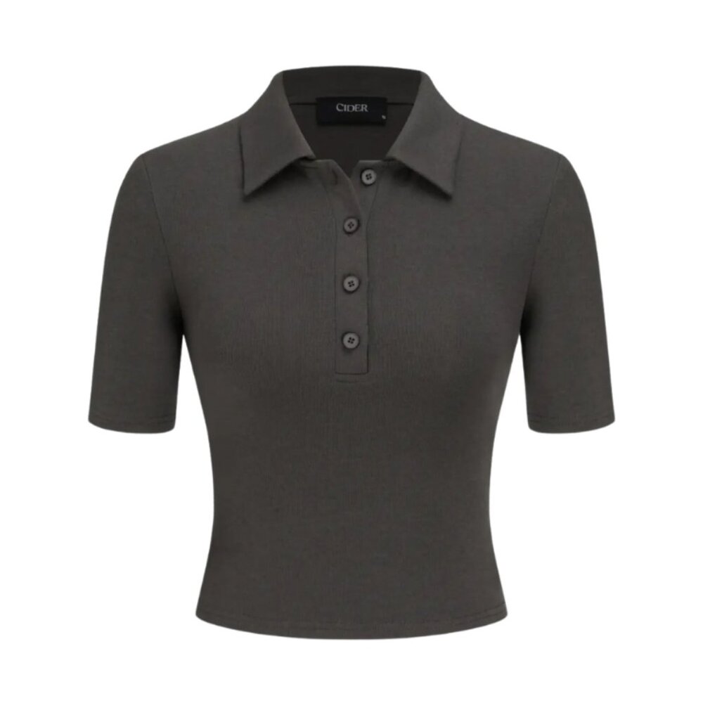 Ribbed Knit Polo Short Sleeve Top – Dark Gray